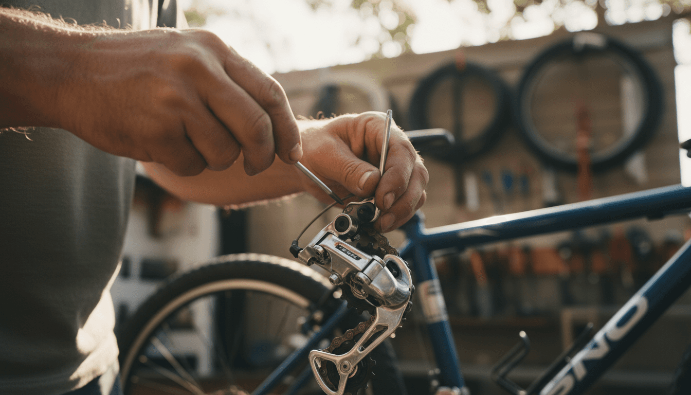 Erfahrene Hände stellen ein Fahrrad-Schaltwerk mit Präzisionswerkzeugen ein