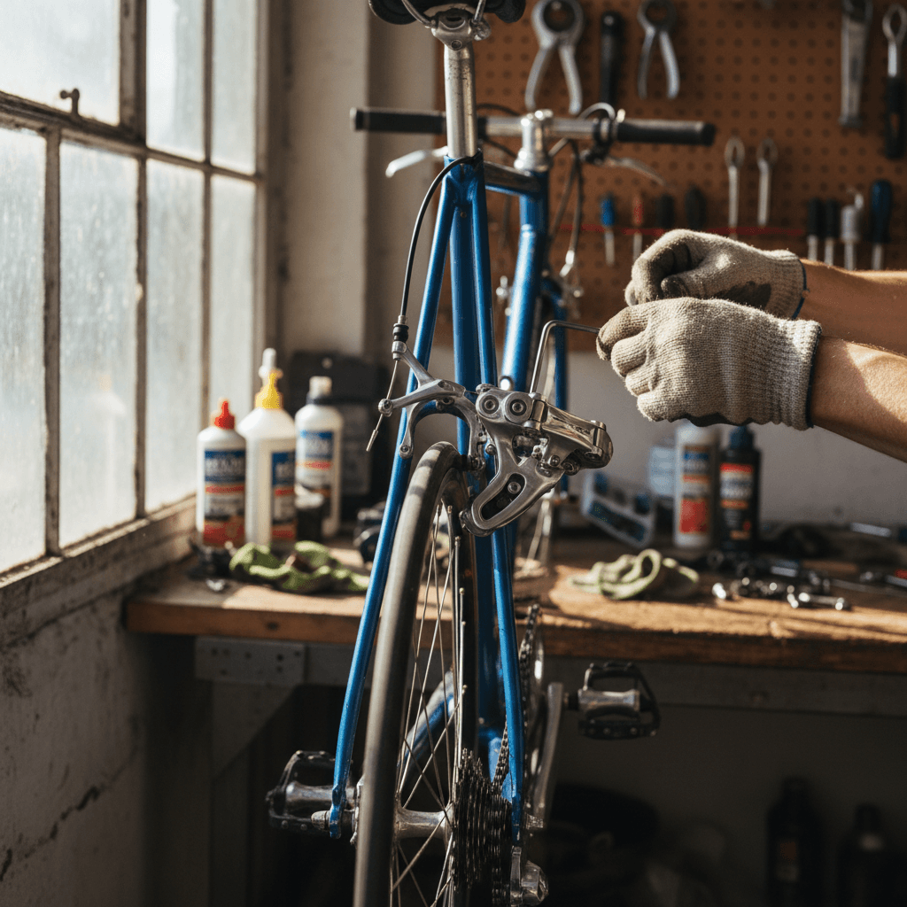 Mechanic's hands adjusting bicycle derailleur in sunlit workshop with tools and parts visible