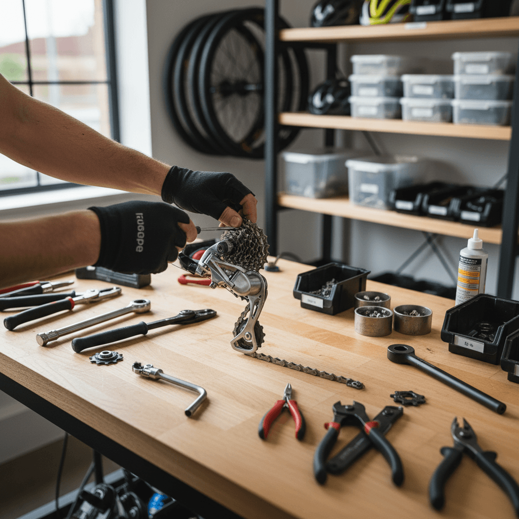 Mechanic's hands adjusting bike derailleur components on repair stand with tools and parts on wooden workbench